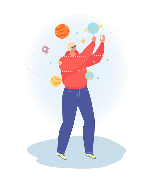 Modern technology virtual reality information processing, man character astronomer vr work cartoon.