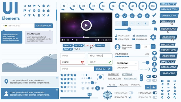 Modern UI-kit med en samling viktiga ikoner för knappar och navigeringselement för webbplatser och mobilappar. Perfekt för responsiv design och instrumentpaneler