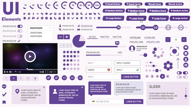 Modern UI-kit med en samling viktiga ikoner för knappar och navigeringselement för webbplatser och mobilappar. Perfekt för responsiv design och instrumentpaneler