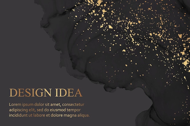 Modern watercolor background with abstract black ink waves and golden splashes