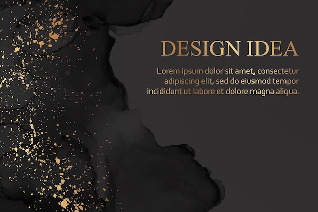 Modern watercolor background with abstract black ink waves and golden splashes