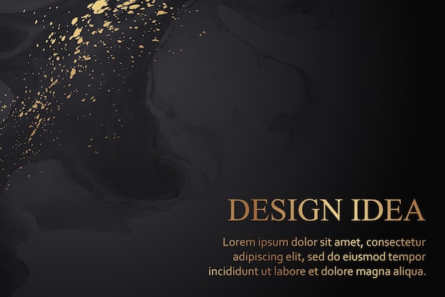 Modern watercolor background with abstract black ink waves and golden splashes