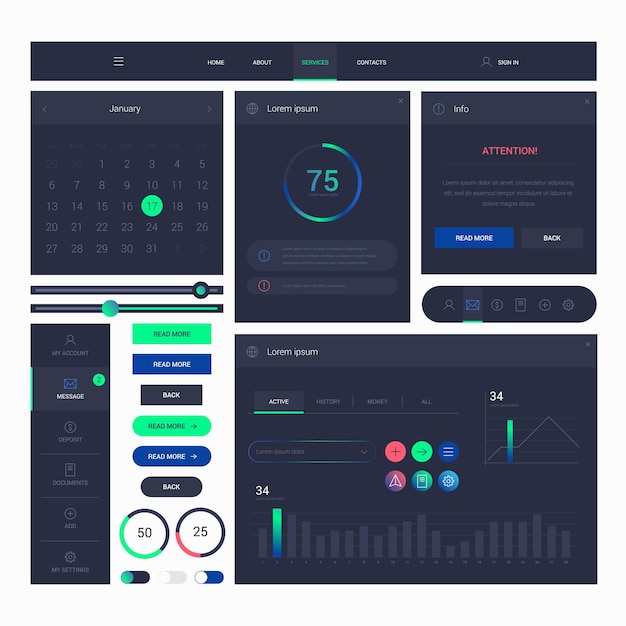 modern web design elements frame template with green and blue colors on dark bg