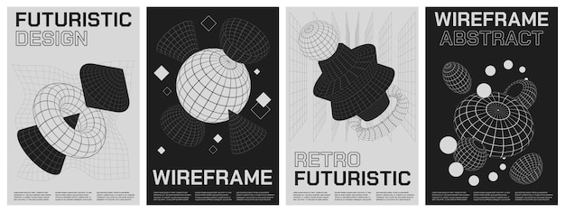 Modern wireframe posters Retro futuristic modern grid shapes of different sizes 80s and 90s geometric contemporary artwork Vector brochures design mockup