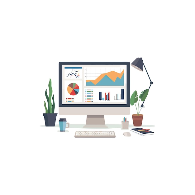 modern workspace with computer and charts vector illustration design