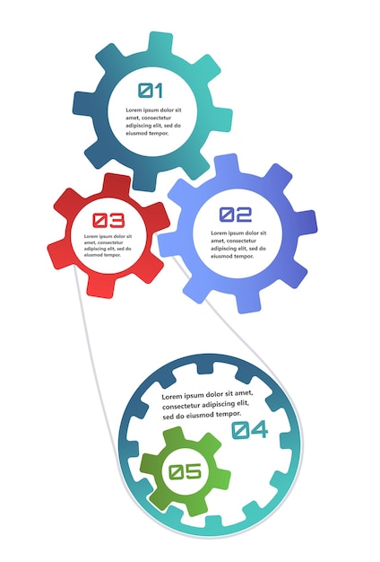 Moderne infografik med elementer i form af tandhjul, der symboliserer processen for en idé eller strategi i virksomheden. Elementerne er forbundet og skaber en følelse af netværk og support.