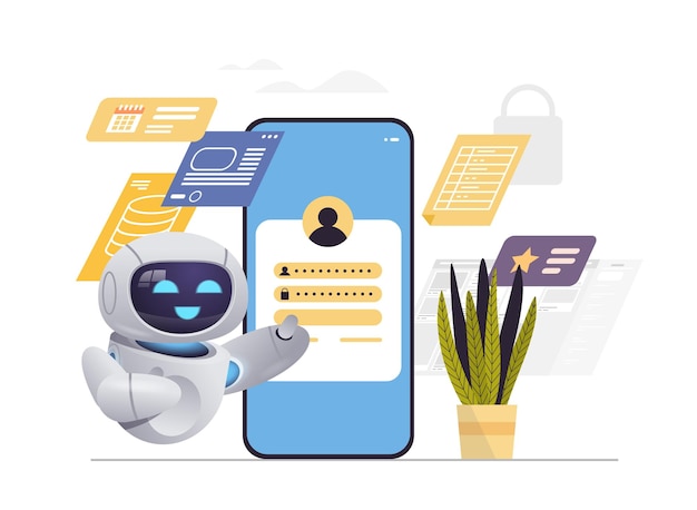 Moderne robot der indtaster adgangskode i personlig virksomhedskonto på smartphone-skærm, persondata sikkerhed, kunstig teknologi koncept vandret vektor illustration