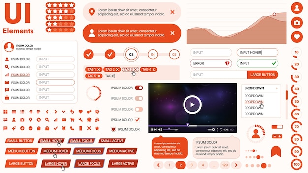 Moderne UI kit med en samling af essentielle knap-ikoner og navigationselementer til hjemmesider og mobilapps. Ideel til responsivt design og dashboards.