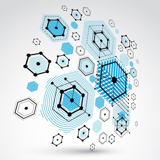 Modular Bauhaus 3d vector background, created from geometric figures like hexagons, circles and lines. For use as advertising poster or banner design. Abstract mechanical scheme made in blue color.
