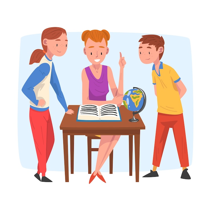 Vektör mom teaching her children parent helping son and daughter with homework and explaining lesson in