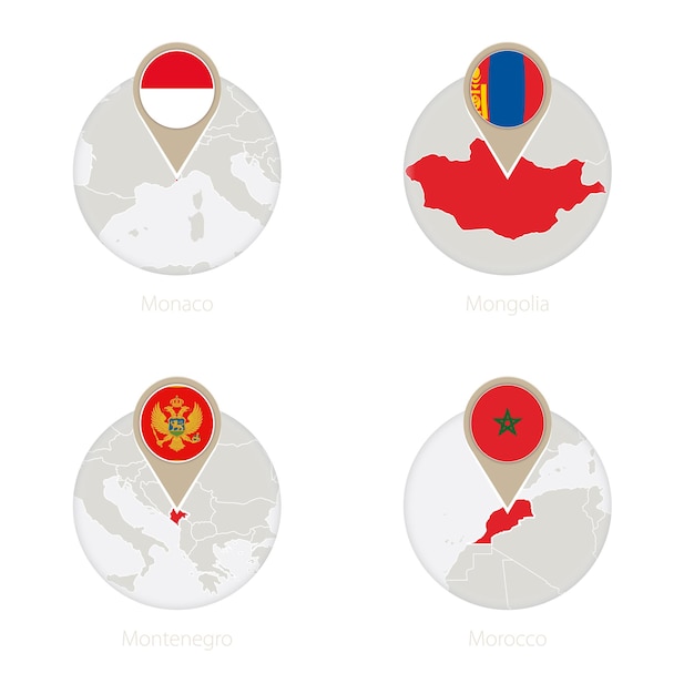 Monaco Mongoliet Montenegro Marokko kort og flag i cirkel