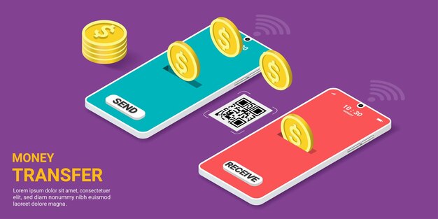 Money transfer on mobile phone application for financial transaction Money onlineonline payment Financial savings business finance Capital flow website banner Isometric Vector illustration