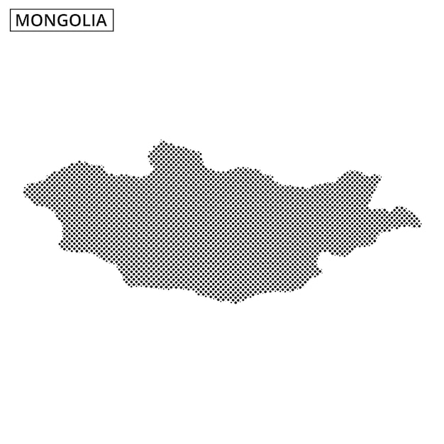 Mongolia highlighted on a dotted map representation with abstract design elements