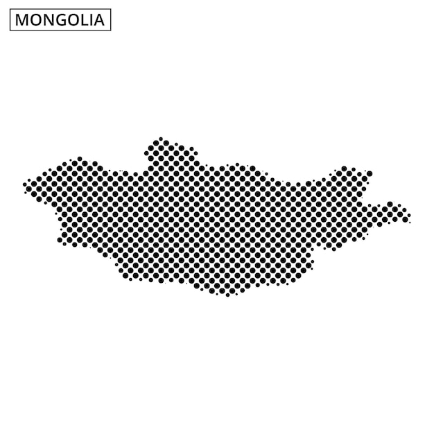 Mongolia highlighted on a dotted map representation with abstract design elements