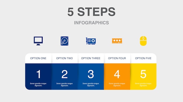 Monitor hard drive GPU RAM computer mouse icons Infographic design template Creative concept with 5 steps