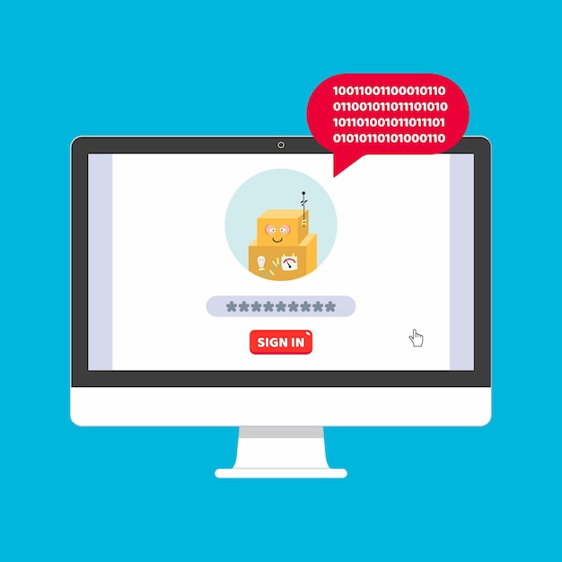monitor or all in one pc flat design with sign in form and fake chat bot icon on the screen vector