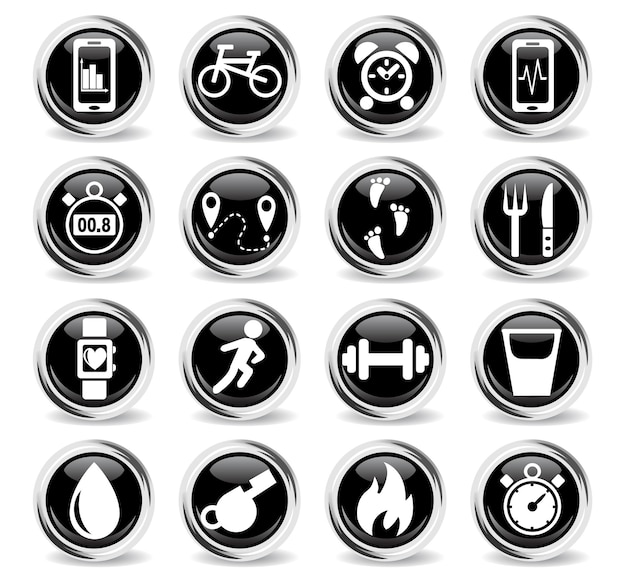 Monitoring apps icons on round black buttons with metal ring