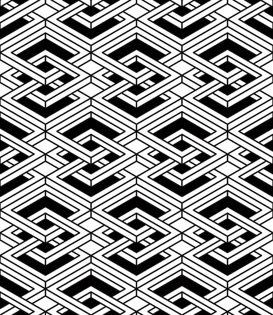 Monochrome abstract interweave geometric seamless pattern. Vector black and white illusory backdrop with three-dimensional intertwine figures. Graphic contemporary covering.