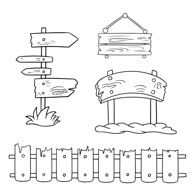 Monochrome icon set vintage wooden objects long fence square sign and pointer vector cartoon