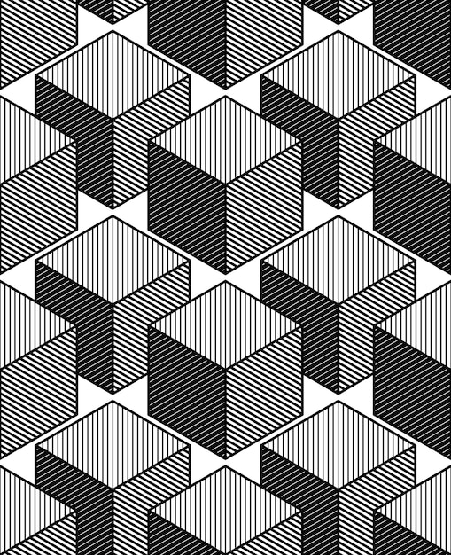 monochrome illusory abstract geometric seamless pattern with 3d geometric figures, cubes. vector black and white striped backdrop.