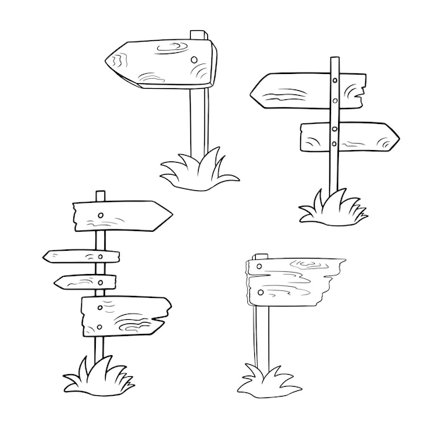 Monochrome set of various icons an old wooden pointer standing on the grass vector cartoon