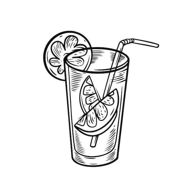 Monochrome style cocktail with lemon slice and tube.