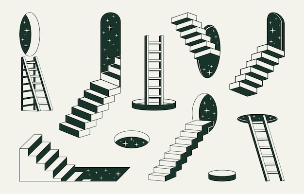 Monochrome surreal stairs Geometric abstract ladders minimal design staircases flat vector illustration set Outline stairway elements collection