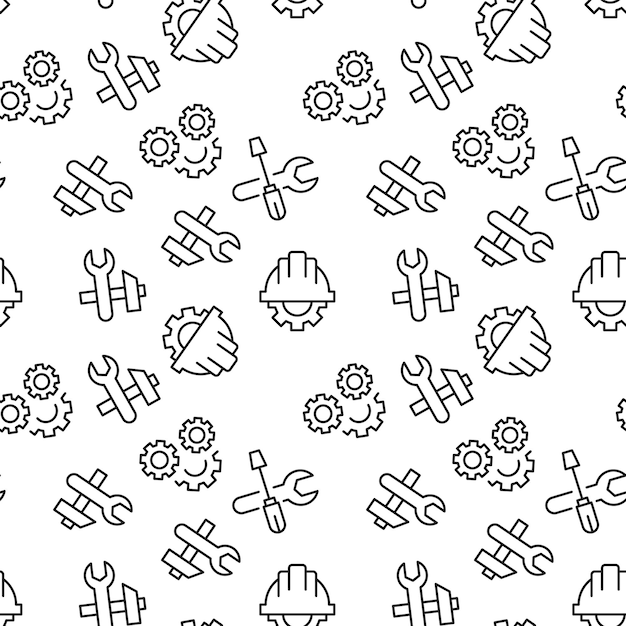 monochrome vector seamless pattern of wrench spanner hammer gear helmet for web sites and polygraphy