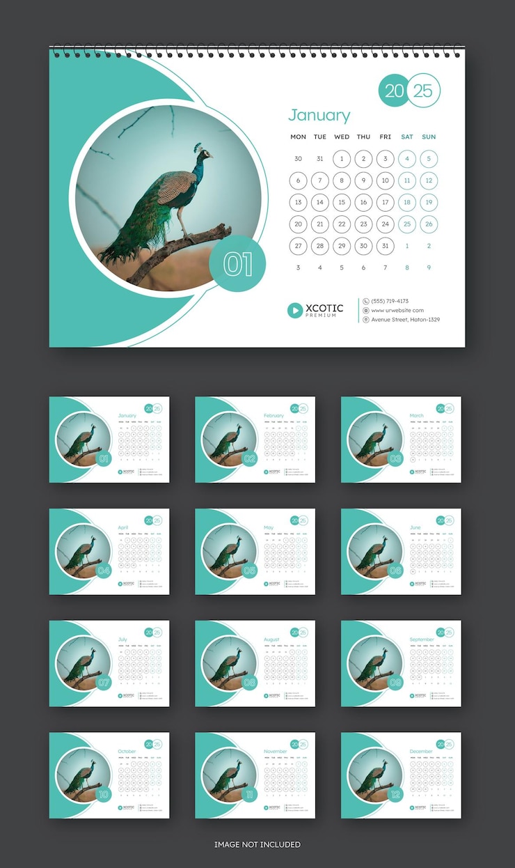 Vektör monthly desk calendar design template for new year 2025 with photo placeholder