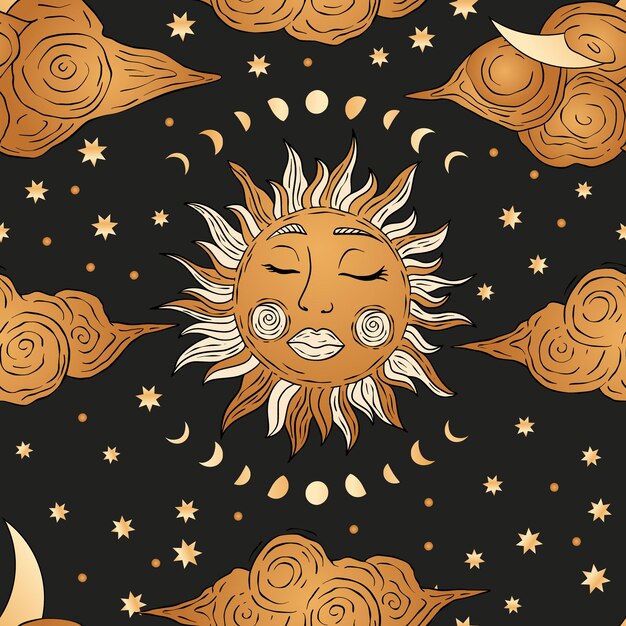 Moon Sun and Cloud Dark Starry Night Golden Magic Astronomy Astrology Star Seamless Pattern Vector Background