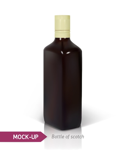 Mørk realistisk firkantet Scotch flaske på hvid baggrund med refleksion.