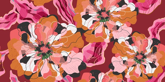 Mosaic stylized blooming flowers and leaves in Japanese style vector seamless pattern spring motifs ornament Retro style