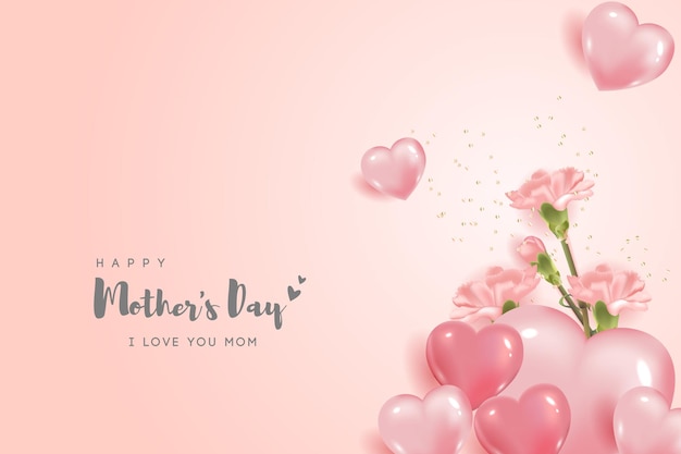 mothers day banner with carnations and heart balloons