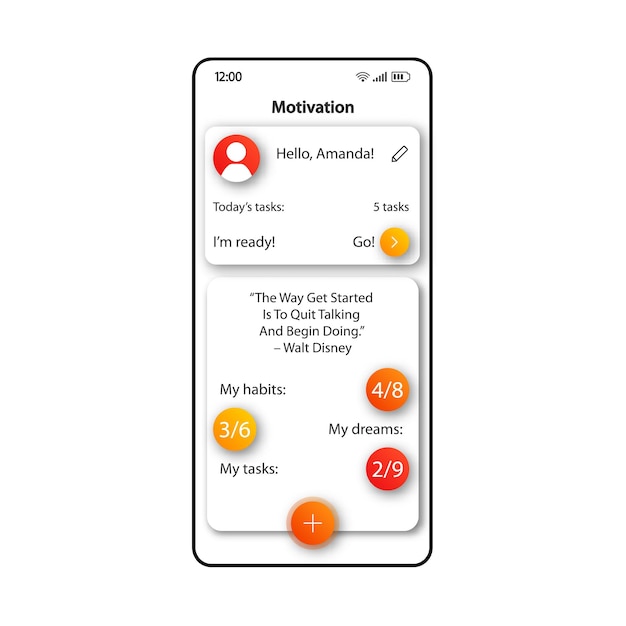 Motivation notifications smartphone interface vector template. Mobile app page color design layout. Personalised goals setting screen. Flat UI for application. Completing task reminder phone display
