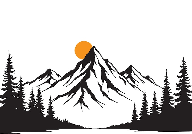 Mountain Landscape Silhouette with Sun and Trees Isolate on white background