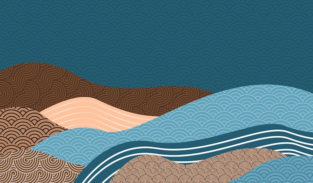 MOUNTAIN LANDSCAPE WITH JAPANESE LINE PATTERN STYLE JAPANESE ART SUITABLE FOR BACKGROUND