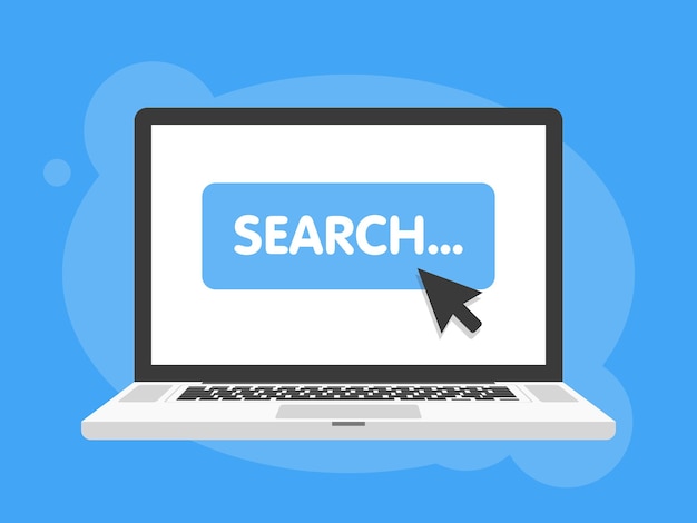 Mouse cursor clicks search button. Laptop notebook computer screen. Vector illustration.