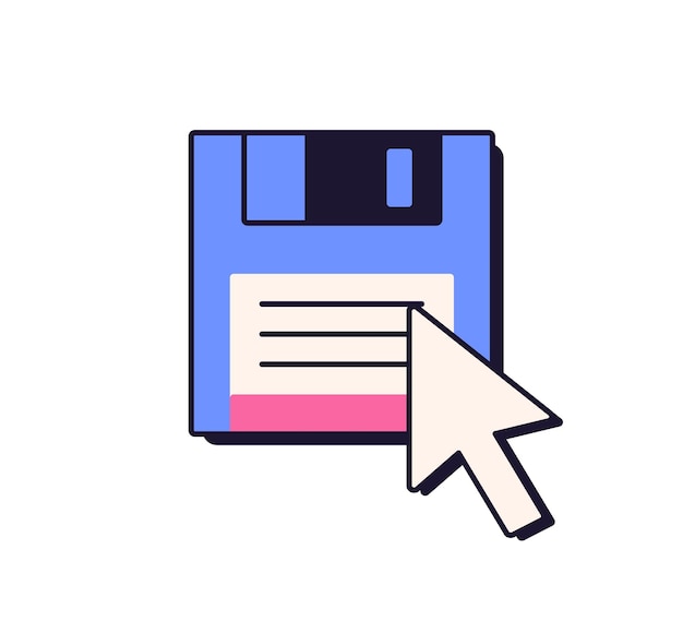 Mouse cursor on diskette floppy disk symbol Arrow pointer pointing at magnetic disc file in old retro computer style of 90s and 00s design Flat vector illustration isolated on white background