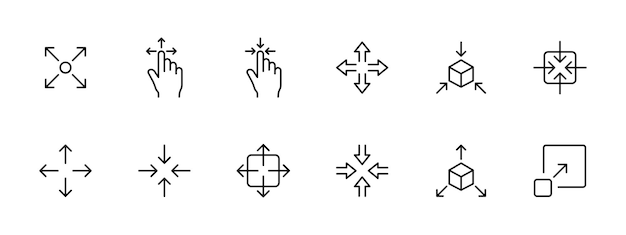 mouse set icon scatter full screen focus move picture in picture mouse cursor simple lines concept of gathering and dissolving vector line icon on white background