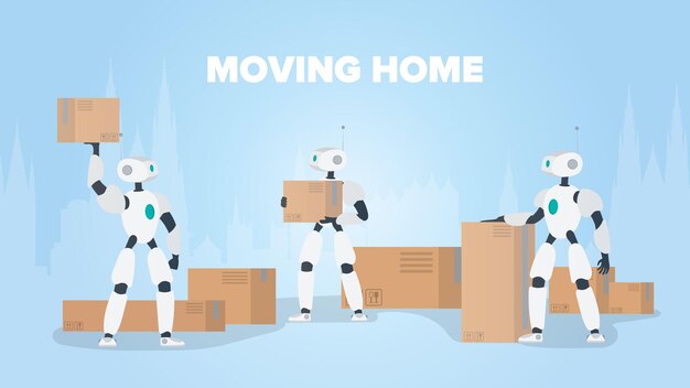 moving home banner. moving to a new place. a white robot holds a box. 