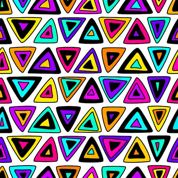 Multi colored triangles on white background. Seamless hand drawn geometric pattern.Vector.