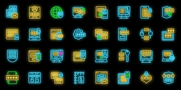 Multi factor authentication icons set outline vector Laptop security Web computer neon color on black