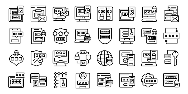 Multi factor authentication icons set outline vector Laptop security Web computer