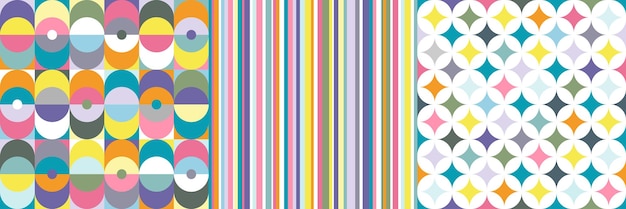 Multicolor seamless geometric pattern set with stripes and circles