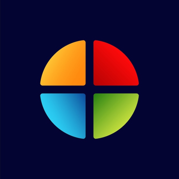 Multicolored circle with four quadrants divides into orange red blue and green sections