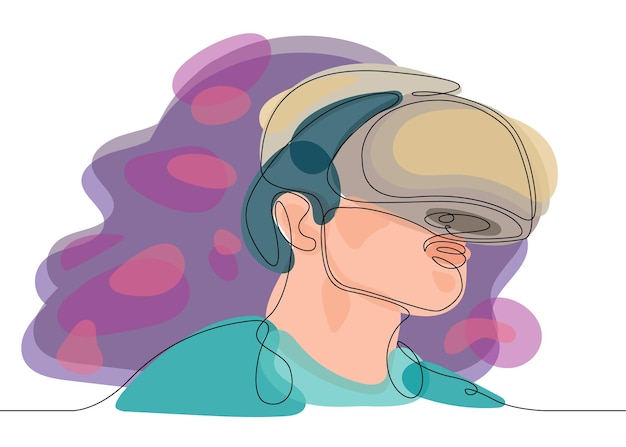 Multicolored isolated translucent color illustrations Continuous one line drawing Man in glasses device virtual reality