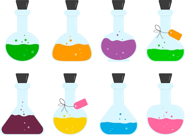Multicolored magic potion in glass test tubes with and without tags