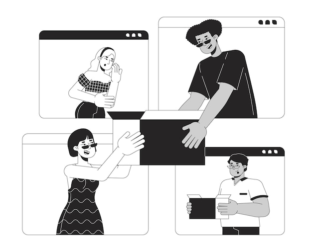 Multiethnic people buying and selling online black and white 2D illustration concept