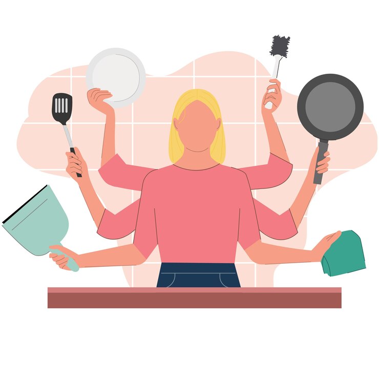 Vektör multifunctional woman character with many hands holding different things