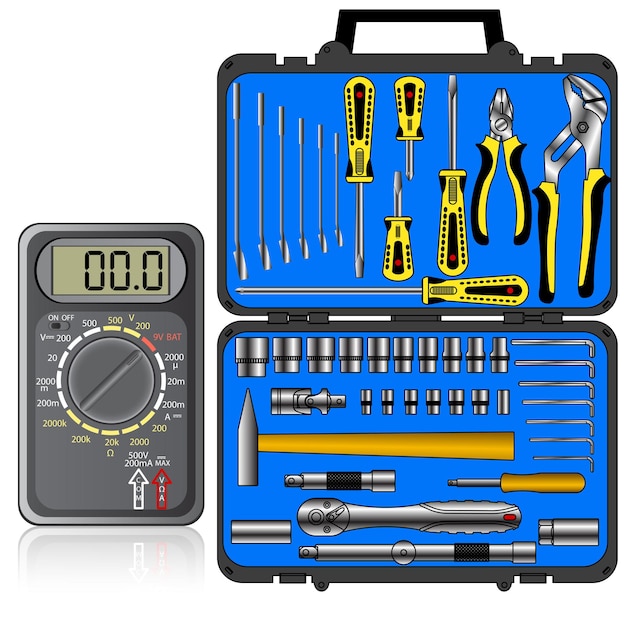 Multimeter of black color and set of different tools in a box vector